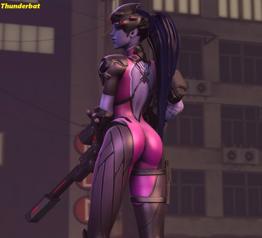 1girls 3d ass blizzard_entertainment bodysuit female female_only generalthunderbat long_hair looking_back overwatch ponytail purple_skin smile solo tied_hair violet_hair widowmaker yellow_eyes