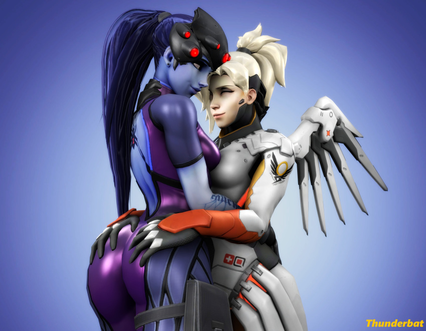 2girls 3d ass ass_grab blonde_hair bodysuit closed_eyes clothing female female_only generalthunderbat groping hug mercy multiple_girls overwatch ponytail smile tied_hair violet_hair widowmaker yellow_eyes yuri