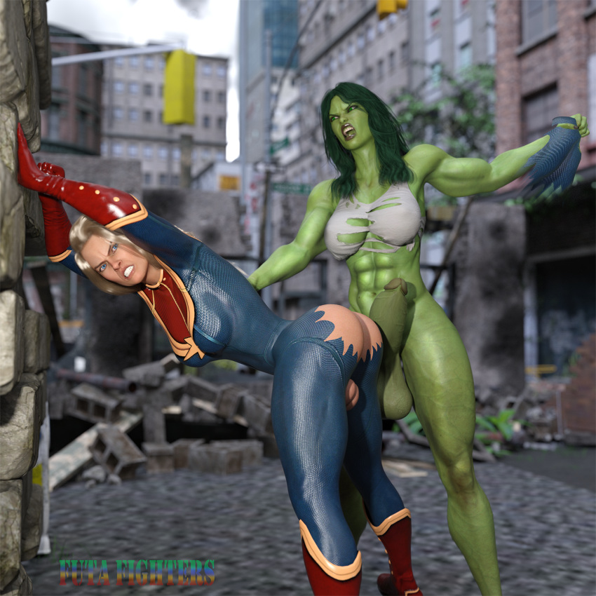 2futas 3d 3d_(artwork) ass avengers balls big_balls big_breasts big_penis blonde_hair captain_marvel carol_danvers dickgirl erection futa_on_futa futa_only futa_with_futa futafighters futanari green_hair green_skin huge_balls huge_cock huge_penis hulk_(series) intersex marvel marvel_comics muscles muscular_futanari naked_futanari penis ripping_clothing she-hulk testicles veiny_penis