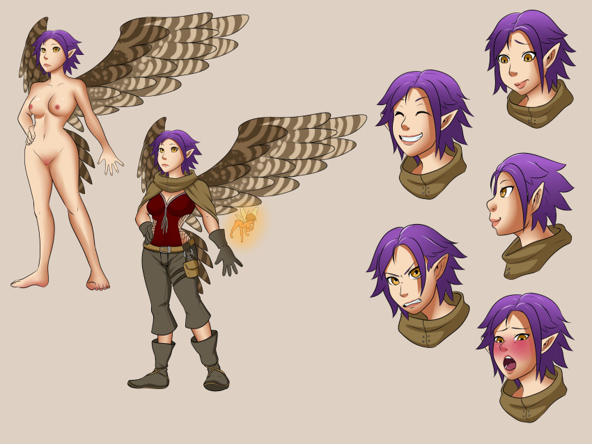 absurd_res altavy_(altavy) animal_humanoid avian avian_humanoid barefoot bird blush breasts bunny_and_fox_world clothed clothing fairy falcon falcon_humanoid feathers female hair hi_res humanoid model_sheet nipples nude pointy_ears purple_hair pussy scorchingnova solo wings yellow_eyes