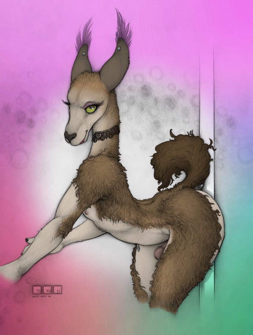 2017 anthro camelid choker colored ear_piercing ecmajor edit eyelashes fur furgonomics furry-specific_piercing graphite_(artwork) greyscale guanaco hi_res horizontal_pupils looking_at_viewer male male_only mammal monochrome navel navel_piercing nipples nude pencil_(artwork) penis piercing pole portrait santiago smile solo stripper_pole tail_piercing three-quarter_portrait traditional_media_(artwork)