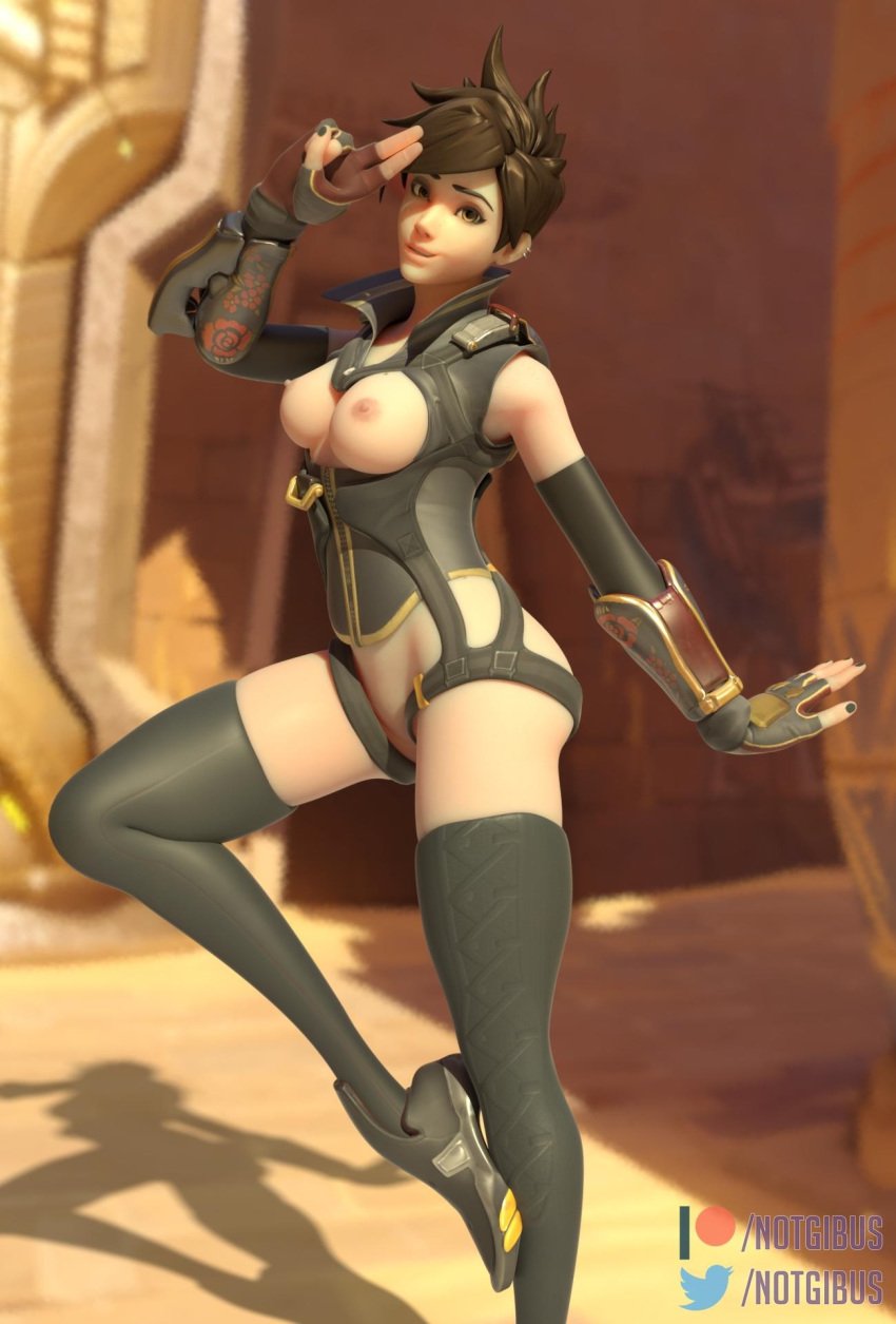 1girls 3d alternate_costume blizzard_entertainment breastless_clothing breasts brown_eyes brown_hair female female_only functionally_nude looking_at_viewer lunar_new_year lunar_new_year_series notgibus overwatch pinup pose rose_tracer solo temple_of_anubis_(map) tracer year_of_the_rooster