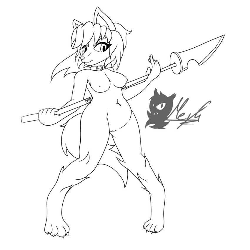 2019 alon alonwoof anthro bare_sands barefoot big_breasts breasts canid canine canis casual_nudity female fluffy fluffy_tail fur gc-mia hair line_art mammal melee_weapon naginata nipples nude polearm pussy simple_background slightly_chubby solo standing thick_thighs video_games weapon wolf