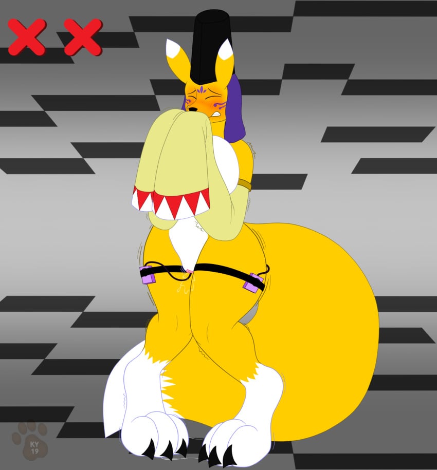 <3_eyes 2019 3_toes anal anthro armwear belt big_breasts big_feet big_tail blush breasts canid canine claws clenched_teeth closed_eyes clothed clothing covering_mouth covering_own_mouth detached_sleeves digimon digimon_(species) dipstick_tail ejaculation female fixed_toy fixed_vibrator fox fur gui hat heart hi_res huge_breasts knock-kneed ky_(malamute) long_sleeves mammal masturbation mostly_nude multicolored_fur multicolored_tail orgasm pussy_ejaculation pussy_juice pussy_juice_on_floor sex_toy shaking solo standing taomon teeth toes trembling two_tone_fur vaginal_penetration vibrator white_fur wide_hips yellow_fur