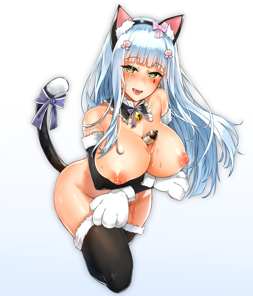 alternate_costume animal_ears areolae arm_across_waist armpit_crease bangs bell bell_choker between_breasts bishi_(bishi) black_hairband black_legwear blunt_bangs blush bow breast_hold breasts cat_ears cat_paws cat_tail choker collarbone covered_nipples elbow_gloves eyebrows_visible_through_hair eyes_visible_through_hair fake_animal_ears fake_tail female frilled_choker frills fur-trimmed_gloves fur-trimmed_legwear fur_trim girls'_frontline gloves gradient gradient_background green_eyes hair_ornament hairband hairclip half-closed_eyes head_tilt highres hk416_(girls'_frontline) large_breasts liquid long_hair looking_at_viewer lotion lotion_bottle makeup nipples nude open_mouth paw_gloves paw_print_pattern paws pink_bow pink_ribbon purple_bow purple_ribbon ribbon saliva sidelocks silver_hair simple_background smile solo tail teardrop thighhighs thighs underwear white_hair