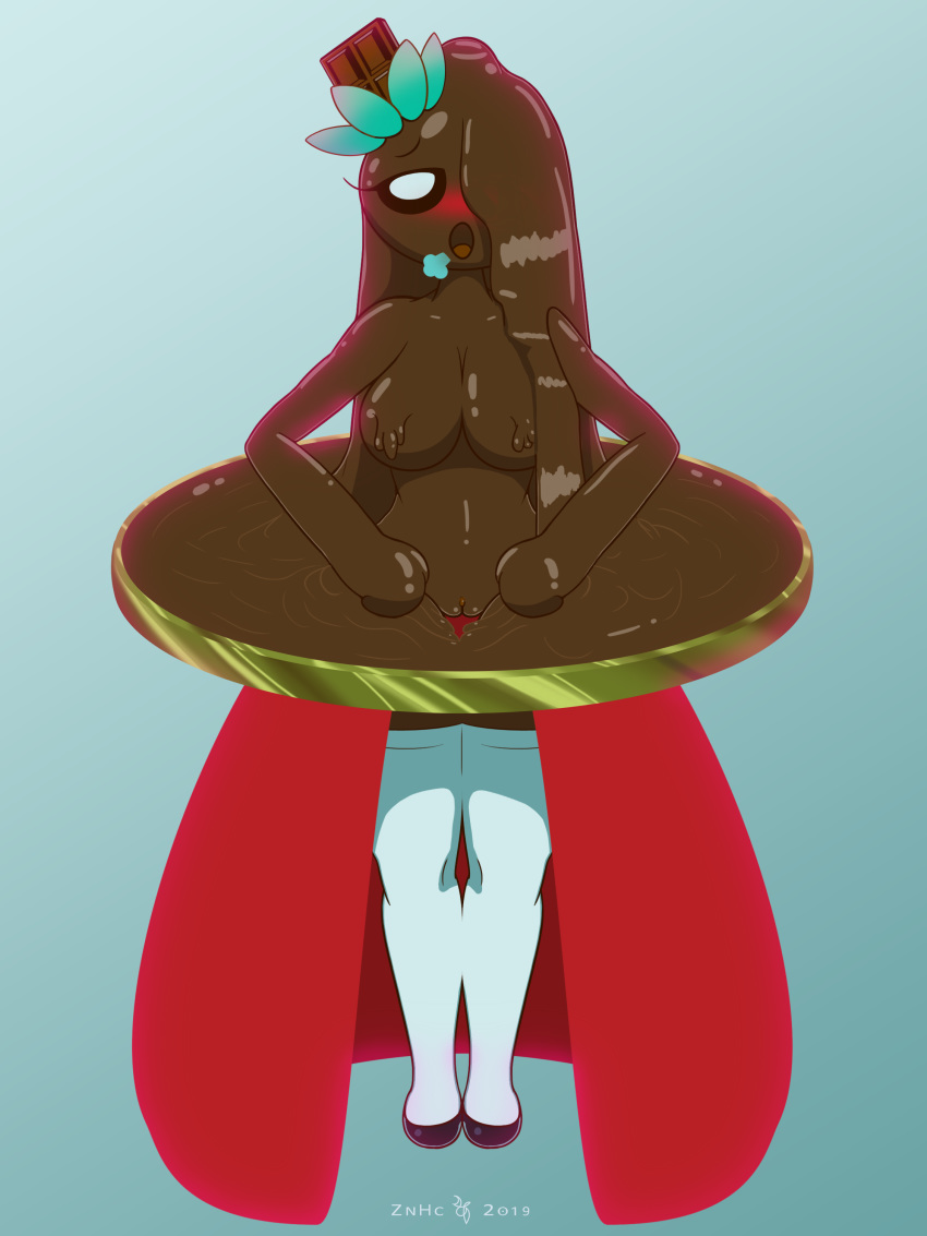 2019 absurd_res anthro breasts candy chocolate female food hi_res humanoid looking_at_viewer nipples nude open_mouth presenting pussy simple_background solo tongue znhc