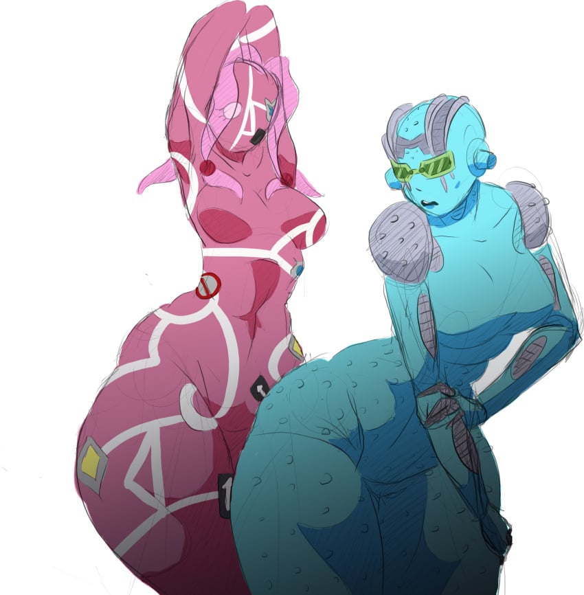 2girls artist_request big_ass blue_skin breasts curvy female female_only humanoid jojo's_bizarre_adventure jojolion large_breasts lesbian long_hair multiple_girls paisley_park pink_hair pink_skin shounen_jump stand_(jjba) stone_free stone_ocean thick_thighs voluptuous wide_hips yuri