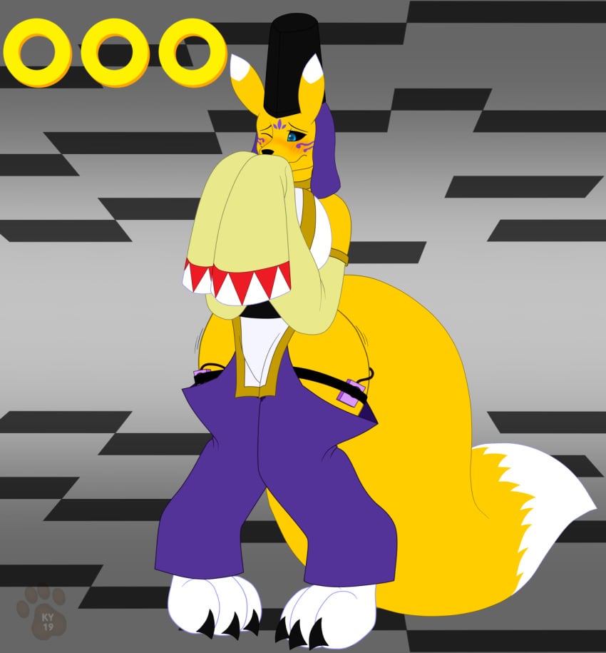 <3_eyes 2019 3_toes anal anthro armwear belt big_breasts big_feet big_tail black_sclera blue_eyes blush breasts canid canine claws clothed clothing covering_mouth covering_own_mouth detached_sleeves digimon digimon_(species) dipstick_tail female fixed_toy fixed_vibrator fox fur gui hat heart hi_res huge_breasts knock-kneed ky_(malamute) long_sleeves mammal masturbation multicolored_fur multicolored_tail one_eye_closed pants partially_clothed pussy_juice sex_toy sex_toy_under_clothing shaking solo standing taomon toes two_tone_fur vaginal_penetration vibrator wet_spot white_fur wide_hips yellow_fur