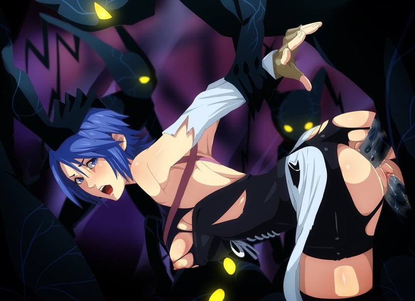 aidan aqua_(kingdom_hearts) ass blue_eyes blue_hair blush double_penetration female gangbang heartless kingdom_hearts multiple_boys neoshadow penis pussy sex size_difference small_dom_big_sub smaller_male straight tagme video_games