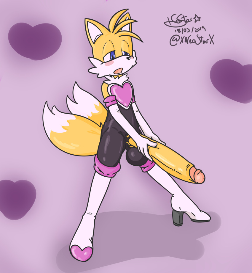 absurd_res anthro balls big_penis blush boots canid canine clothed clothing crossdressing dipstick_tail footwear fox girly glans half-erect handjob hands_on_penis heart hi_res holding_penis humanoid_penis latex_clothes long_penis male mammal multiple_tails penis purple_background retracted_foreskin rouge_the_bat_(cosplay) sex small_but_hung sonic_(series) suit tails tight_clothing trap xneostarx yaoi