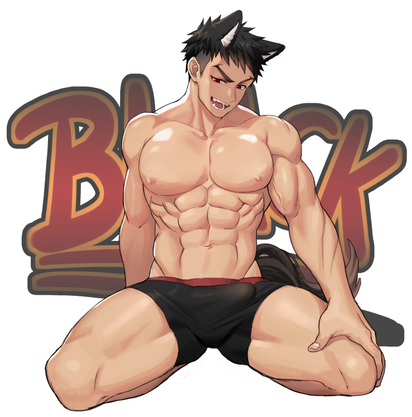 1boy 2020 abs absurd_res animal_humanoid biceps black_hair black_underwear blackkdogg bulge canid canid_humanoid canine canine_humanoid clothing deltoids dog_humanoid erection erection_under_clothing fangs hair hi_res humanoid kneeling male male_only mammal mammal_humanoid muscular muscular_male navel nipples partially_clothed pecs quads red_eyes solo topless underwear