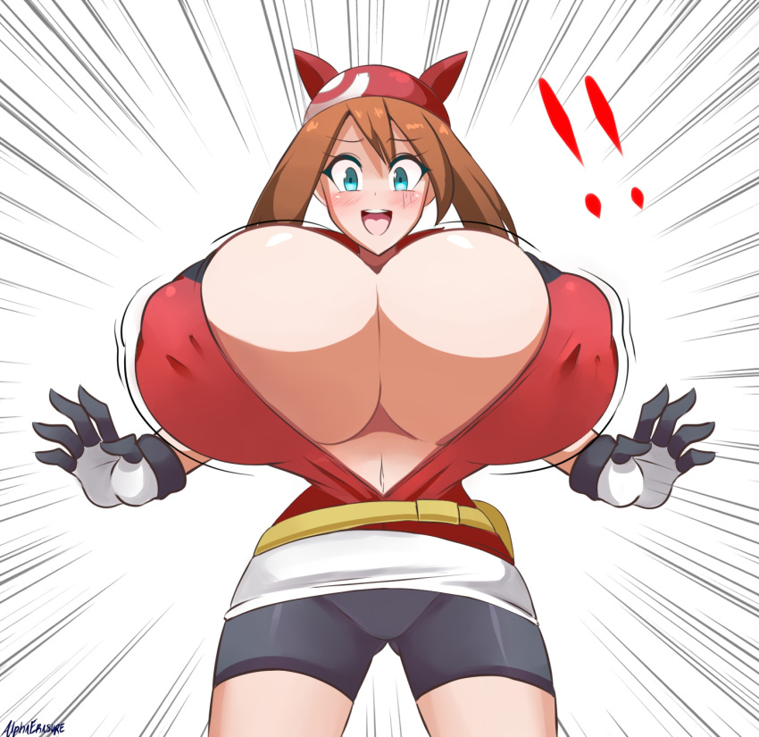 ! 1girls alphaerasure alternate_breast_size bandage belly belt bike_shorts blue_eyes blush breast_expansion breast_growth breasts brown_hair bursting_breasts cleavage clothed color female female_only gloves huge_breasts human human_only hyper hyper_breasts may_(pokemon) motion_lines navel open_mouth pokemon pokemon_rse puffy_nipples shirt shorts skirt smile solo standing teeth text thigh_gap tongue top_heavy underboob wardrobe_malfunction watermark white_background