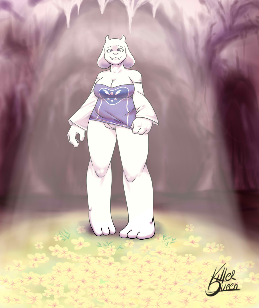 absurd_res amazing_background anthro big_breasts boss_monster bovid breasts caprine cleavage clothed clothing detailed_background female flower fur goat hi_res horn killerqueen looking_at_viewer mammal mature_female plant pussy skimpy smile toriel undertale video_games