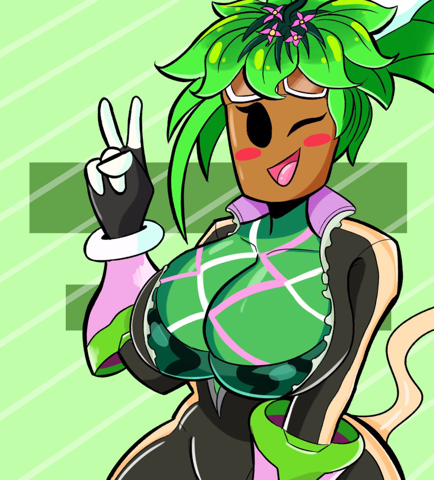 big_breasts blaster_master blaster_master_zero blaster_master_zero_2 blush bodysuit color female flower green_background green_hair green_skin kanna_(blaster_master) looking_at_viewer mob_face open_mouth plant_girl plantie roachieboi98 solo striped_background tongue unzipped_bodysuit v watermelon_bra watermelon_nets wink