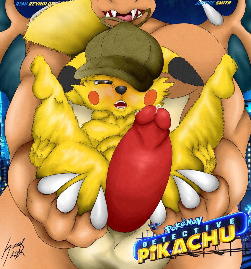 2019 2boys absurd_res big_penis charizard detective_pikachu detective_pikachu_(series) dragon duo english_text erection fur furry gay greey half-closed_eyes hat hi_res huge_penis huge_testicles humanoid_penis interspecies larger_male male male_only nintendo penis pikachu pokémon_(species) pokemon pokemon_(species) pokemon_detective_pikachu scalie signature size_difference smaller_male smile testicles text thick_thighs video_games watermark wide_hips yaoi yellow_body yellow_fur