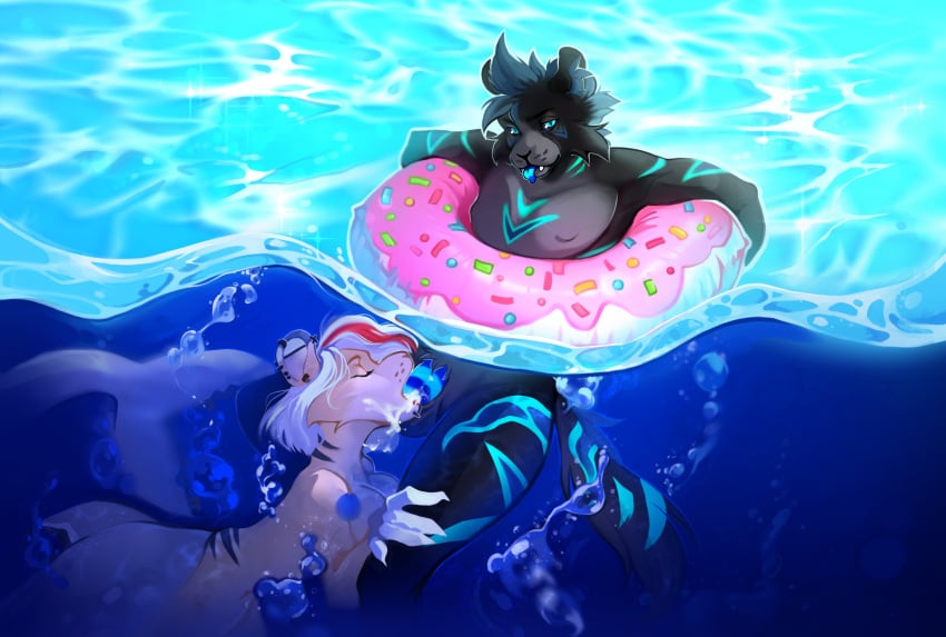 anthro benzimit big_breasts black_body black_fur blue_eyes blue_markings blue_penis breasts cheek_tuft closed_eyes duo ear_piercing erection facial_tuft fangs felid fellatio female fish_tail fur genitals hand_on_leg hi_res inner_ear_fluff lion looking_away male male/female mammal markings mohawk nude oral pantherine partially_submerged penile penis penis_in_mouth piercing prehistoric_species saber-toothed_tiger sabertooth_(anatomy) sea sex teeth tongue tongue_out tuft underwater water yellow_body yellow_fur