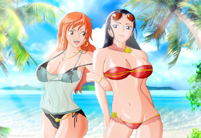 2girls alternate_costume arm_hug bare_arms bare_legs bare_shoulders beach bikini black_bikini black_hair black_swimsuit blue_eyes breasts brown_eyes cleavage closed_mouth collarbone duo earrings female female_only happy hoop_earrings hug jewelry large_breasts legs long_hair looking_at_another looking_at_viewer midriff multiple_females multiple_girls mutual_yuri nami navel neck necklace nico_robin ocean one_piece orange_hair outdoors palm_tree post-timeskip red_bikini red_swimsuit reito-sama round_teeth sand sea see-through side-by-side smile standing strapless strapless_bikini strapless_swimsuit sunglasses sunglasses_on_head swimsuit tree upper_teeth water yuri