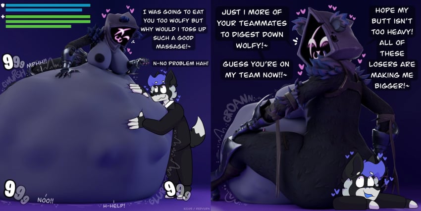 3d_(artwork) anthro armwear ass bear belly belly_worship big_belly big_dom_small_sub black_armwear black_clothing black_tie_(suit) blue_hair body_outline body_worship breasts canid canine canis clothing dialogue digestion digestion_noises digital_media_(artwork) dominant duo epic_games female female_pred fortnite fortnite:_battle_royale hair hi_res huge_belly implied_weight_gain kc_(kingcreep105) kingcreep105 losing_health male male/female mammal mass_vore multicolored_body purple_body raven_team_leader redvurn sitting_on_another size_difference submissive submissive_male suit teasing teasing_with_butt vore wolf