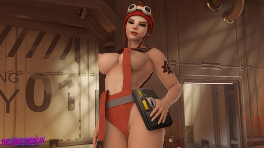 1girls 3d blizzard_entertainment breasts brigitte brown_eyes brown_hair engineer_brigitte erect_nipples female female_only looking_at_viewer overwatch partially_clothed solo tattoo temple_of_anubis_(map) the_halfmexican