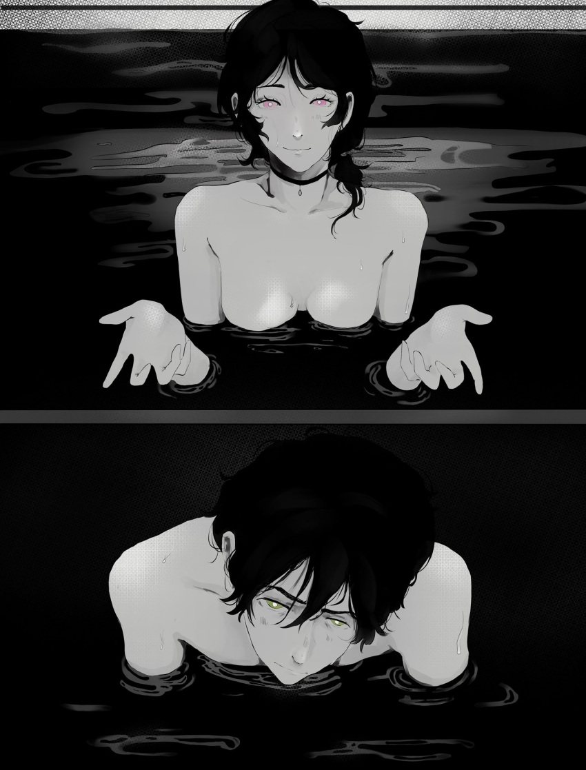 1boy 1girls 2d _the_lost_crow andrew_graves ashley_graves black_hair breasts brother_and_sister choker female green_eyes incest male pink_eyes reze_in_the_pool_(meme) siblings straight swimming the_coffin_of_andy_and_leyley water