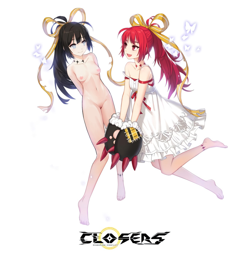 2girls :d anna_(closers) arms_behind_back barefoot black_hair breasts closers clothing collarbone copyright_name dress eye_contact grey_eyes hair_ribbon highres hr.b long_hair looking_at_another multiple_girls nipples nude oerba_yun_fang off_shoulder open_mouth ponytail pussy red_eyes red_hair red_ribbon ribbon seth_(closers) shiny shiny_skin short_dress simple_background sleeveless sleeveless_dress small_breasts smile very_long_hair white_background white_dress yellow_ribbon