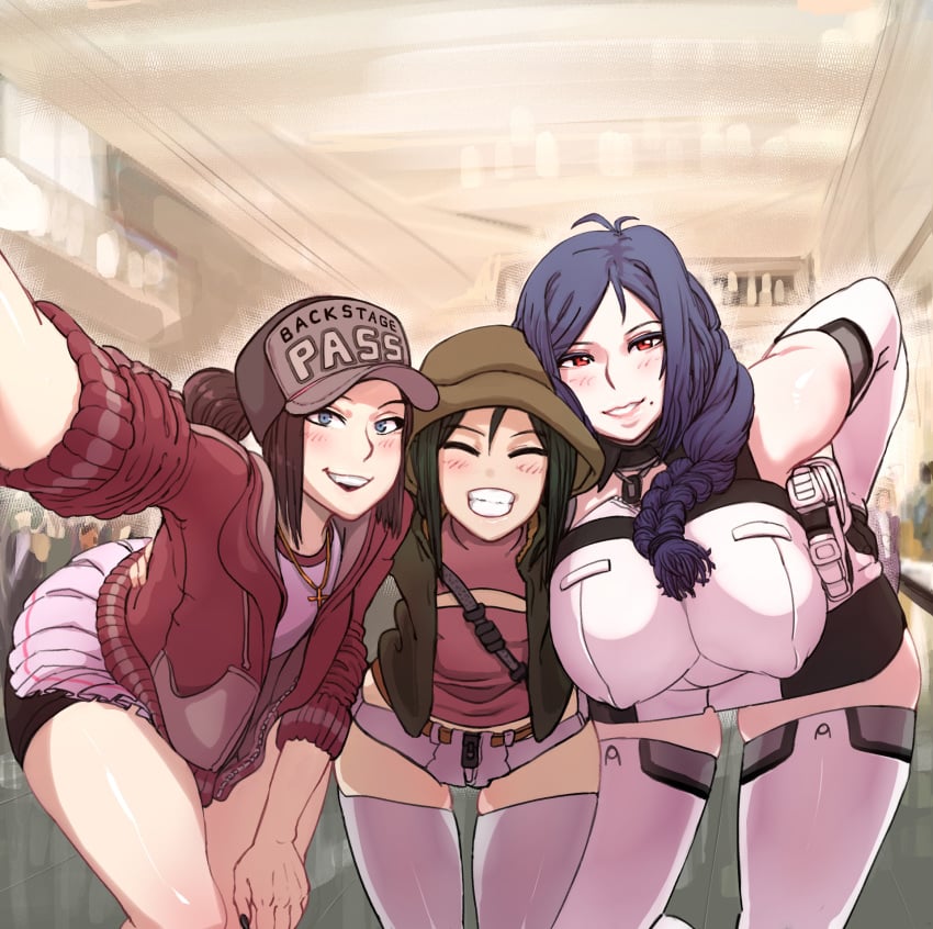 3girls anallana beauty_mark big_breasts blue_eyes blue_hair blush clothed cross female female_only flat_chest half-closed_eyes hanging_breasts haveriel huge_breasts human legwear long_hair looking_at_viewer mall multiple_girls necklace public rao_takatsuka red_eyes selfie shirt shorts skirt small_breasts smile sodivite svetlana_samsonov thick_thighs thigh_gap thighhighs wide_hips