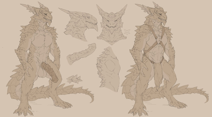 2019 abs animal_genitalia animal_penis anthro balls barefoot big_balls big_muscles big_penis claws clothing digitigrade dragon ear_frills equine_penis erection frill grin harness hi_res horn horsecock huge_balls huge_cock lizardman loincloth looking_at_viewer male model_sheet monochrome muscular nude oouna pecs penis pose realistic reptile scales scalie simple_background sketch smile solo spikes thick_tail toe_claws