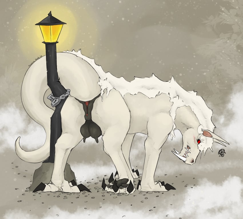 2026 absurd_res angry animal_genitalia animal_vulva ass black_claws black_pawpads black_vulva blush blush_lines chains claws cloaca dragon equid equine equine_genitalia equine_vulva eyelashes fangs female feral ferocious_ferals fog foggy_background fur furred_dragon furred_scalie genitals hi_res horse hybrid light_pole lock mammal mane mythological_creature mythological_scalie mythology padlock pawpads pebble pointy_ears presenting presenting_cloaca presenting_hindquarters presenting_vulva quadruped rear_view red_eyes sabertooth_(anatomy) scalie signature simple_background solo street_lamp tail tan_background tan_body teats teeth udders vulva white_mane wingless_dragon