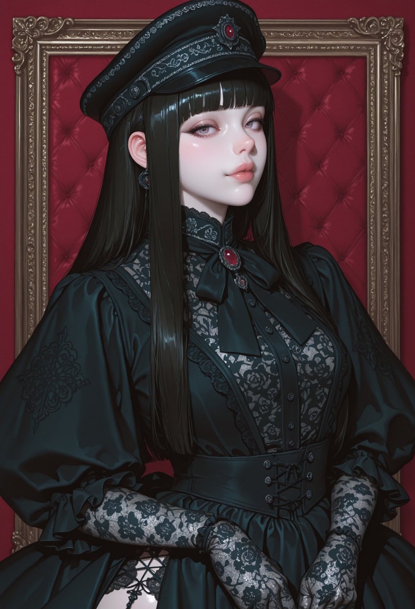 ai_generated amaranthine civitai dark_hair dress female female heiress_of_the_hidden_halls hime_cut laced_corset military_cap pale_skin sheer_gloves victorian_dress