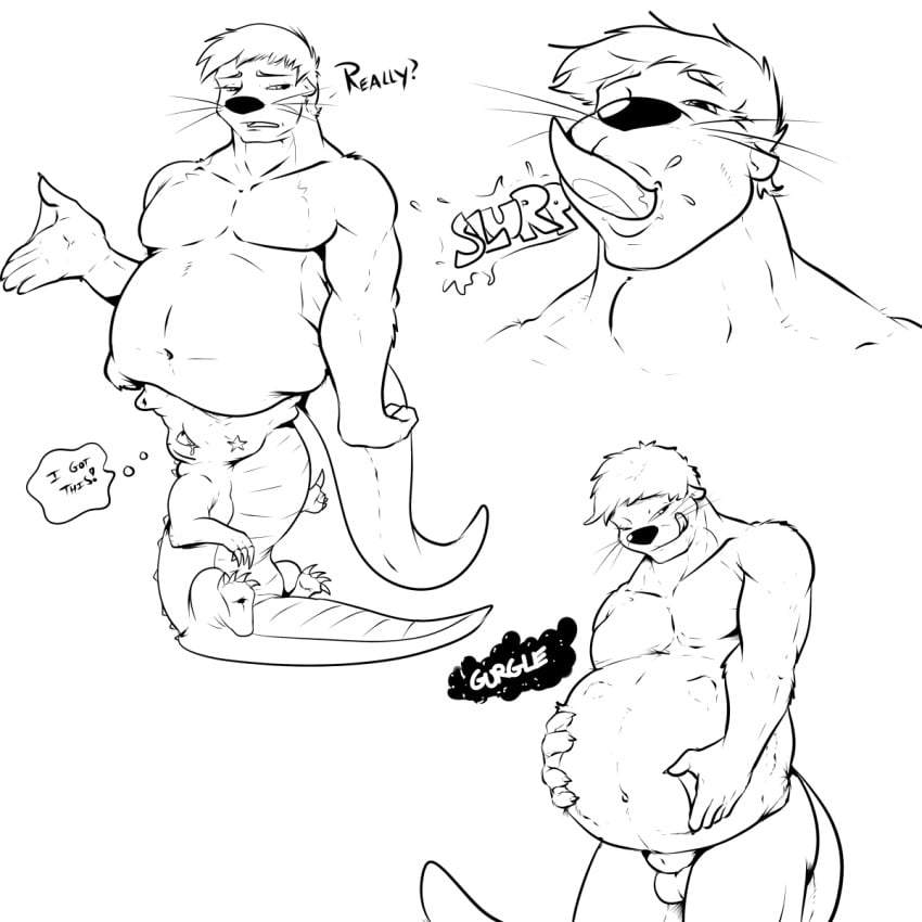 alligator alligatorid almost_fully_inside animal_genitalia anthro balls belly bodily_fluids crocodilian digestion duo failed_vore fatal_vore feet_first feral genitals gurgle_(sound_effect) head_first hi_res licking licking_lips male male/male mammal membrane_(anatomy) mustelid oral_vore otter otter_tail pandottermon partially_inside reptile rumbling_stomach scalie sheath size_difference slurping tears text thought_bubble tongue tongue_out unimpressed vore webbed_hands