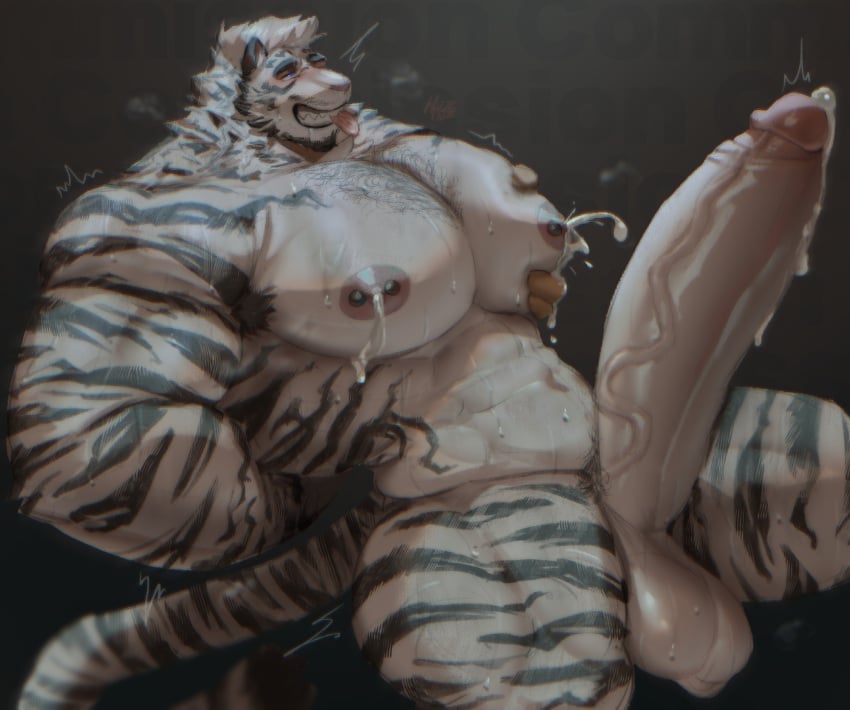 anthro arknights balls bara barazoku big_balls big_penis boner cock dick erection furry huzzhuz hyper_penis lactation male male_lactation male_only mountain_(arknights) muscles muscular musk penis solo solo_male sweat sweating