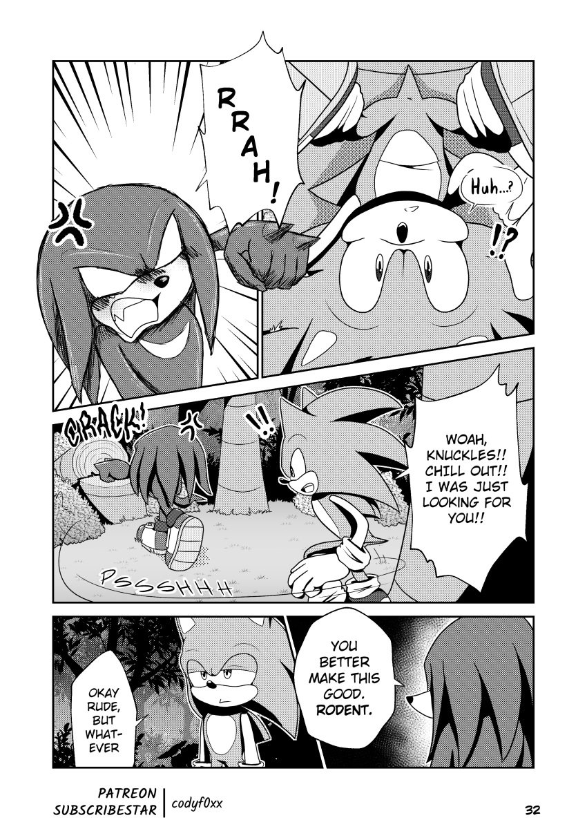 absurd_res angel_island anus blush blush_lines clothed clothing codyf0xx comic echidna english_text footwear forest gloves greyscale handwear hi_res knuckles_the_echidna male mammal manga_style monochrome monotreme partially_clothed plant punch sega shoes sonic_(series) sonic_the_hedgehog sonic_the_hedgehog_(series) text thought_bubble tree