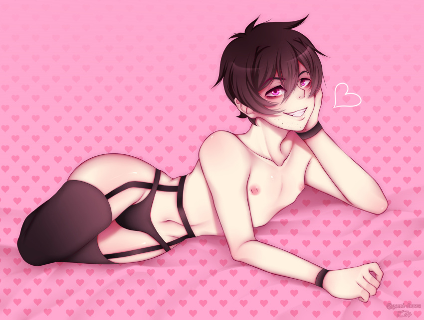 1boy bare_shoulders brown_hair crossdressing femboy garter_belt gomi-cake lingerie lying_on_side nipples panties pink_background purple_eyes short_hair smile solo stockings stubble