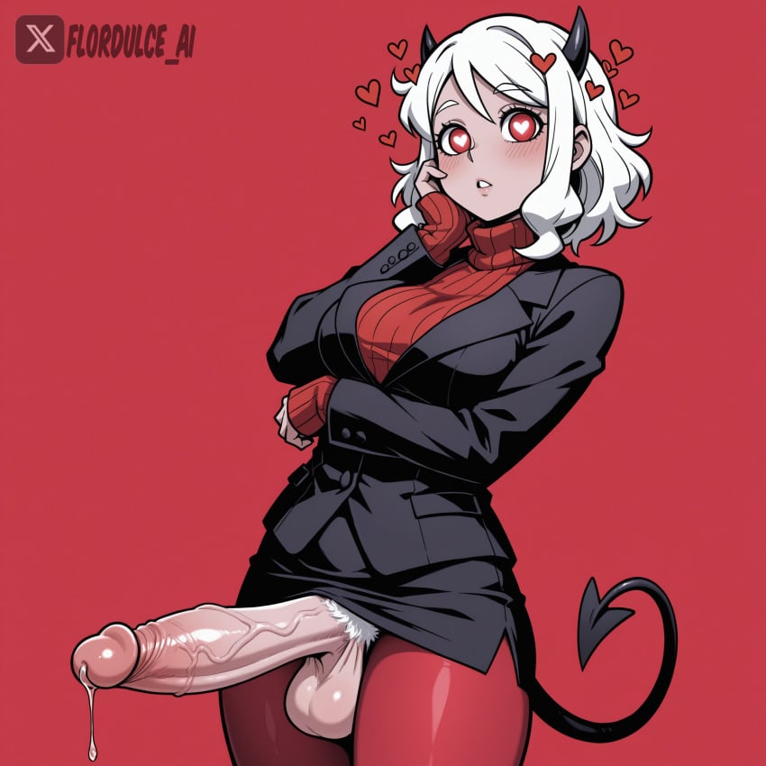 1futa ai_generated arm_under_breasts balls demon_horns demon_tail erect_penis erection flordulce futa_only futanari hand_on_cheek heart heart-shaped_pupils helltaker horns modeus_(helltaker) pantyhose penis precum precum_drip pubic_hair red_eyes short_hair skirt solo_futa standing suit_jacket testicles turtleneck white_hair