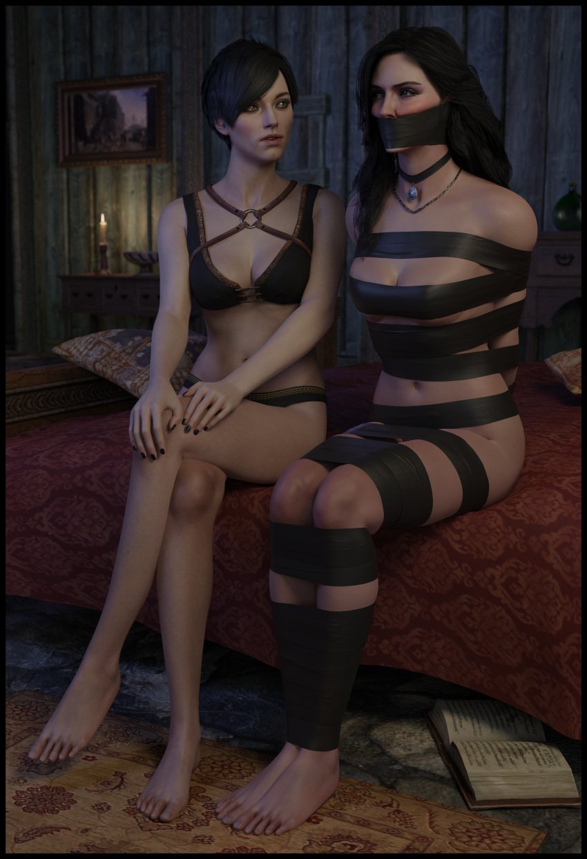 2girls 3d black_bra black_hair black_panties bondage bound bound_arms bound_legs bra female_only fringilla_vigo gag gagged lord_kamski panties tape_bondage tape_gag the_witcher_(series) underwear yennefer