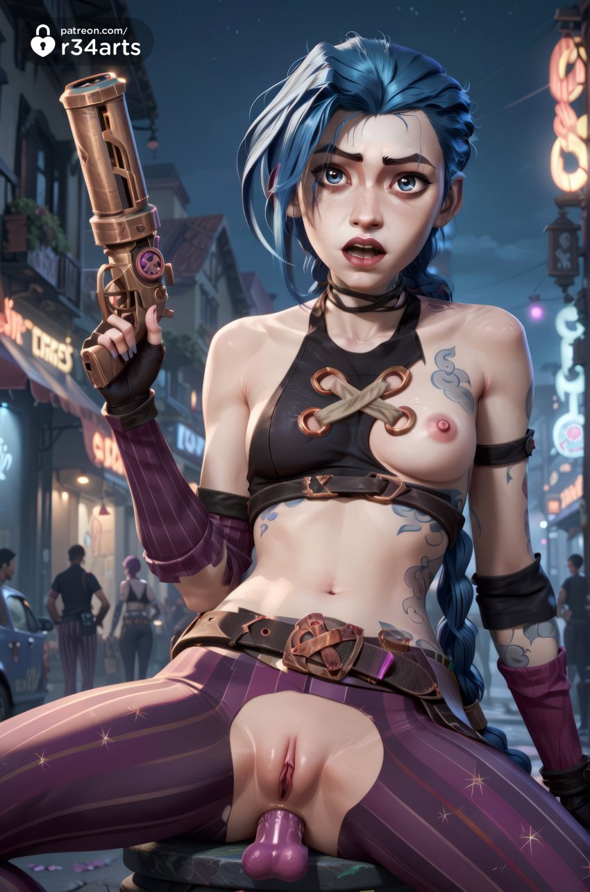 1girls ai_generated anal anal_insertion anal_masturbation anal_object_insertion arcane bare_shoulders belt blue_eyes blue_hair braid breasts dildo dildo_in_ass dildo_insertion fingerless_gloves gloves gun hi_res holding holding_gun holding_weapon jinx_(league_of_legends) league_of_legends long_hair looking_at_viewer multiple_girls navel netflix night nipples object_insertion outdoors pants pussy r34arts riot_games sex_toy sitting small_breasts solo_focus spread_legs stomach_tattoo striped_pants tattoo torn_clothes twin_braids uncensored weapon