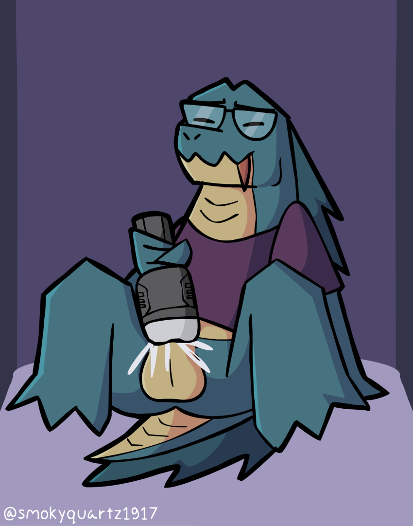 alligator alligatorid animal_humanoid anthro balls bodily_fluids clothing crocodilian genitals hi_res humanoid male penis reptile scalie smokyquartz1917 solo tail text
