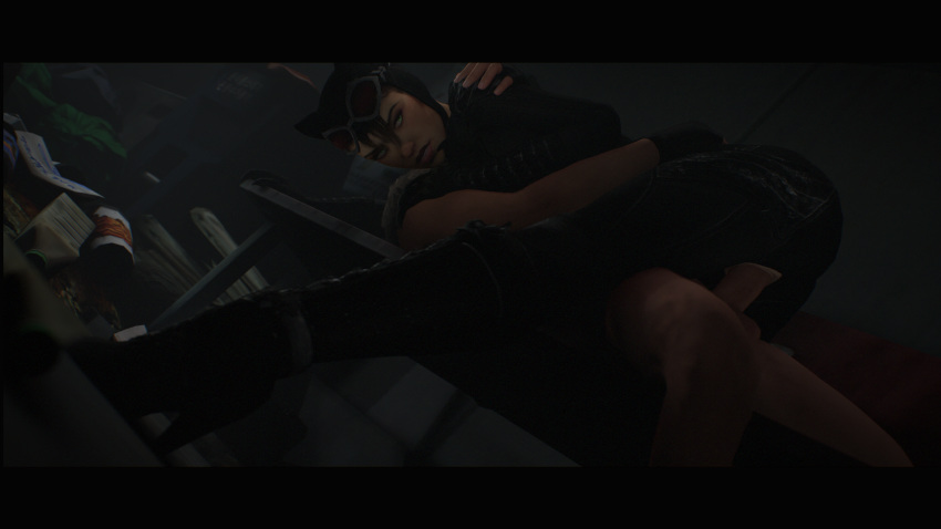 1boy 1girls 3d balls batman:_arkham_knight batman_(series) black_hair catwoman catwoman_(arkham) catwoman_(arkham_knight) cowgirl_position dark_image dc dc_comics green_eyes hand_on_back hand_on_shoulder high_heels on_bench penis selina_kyle straight vaginal_penetration zizzero