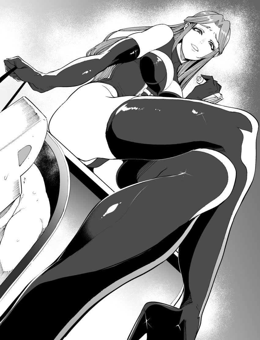 boots breasts crossed_legs dominatrix elbow_gloves female femdom fully_clothed gloves high_heels idolmaster latex latex_boots latex_gloves leash long_hair low-angle_view male monochrome otochichi producer_(idolmaster) solo tagme thigh_boots whip zaizen_tokiko