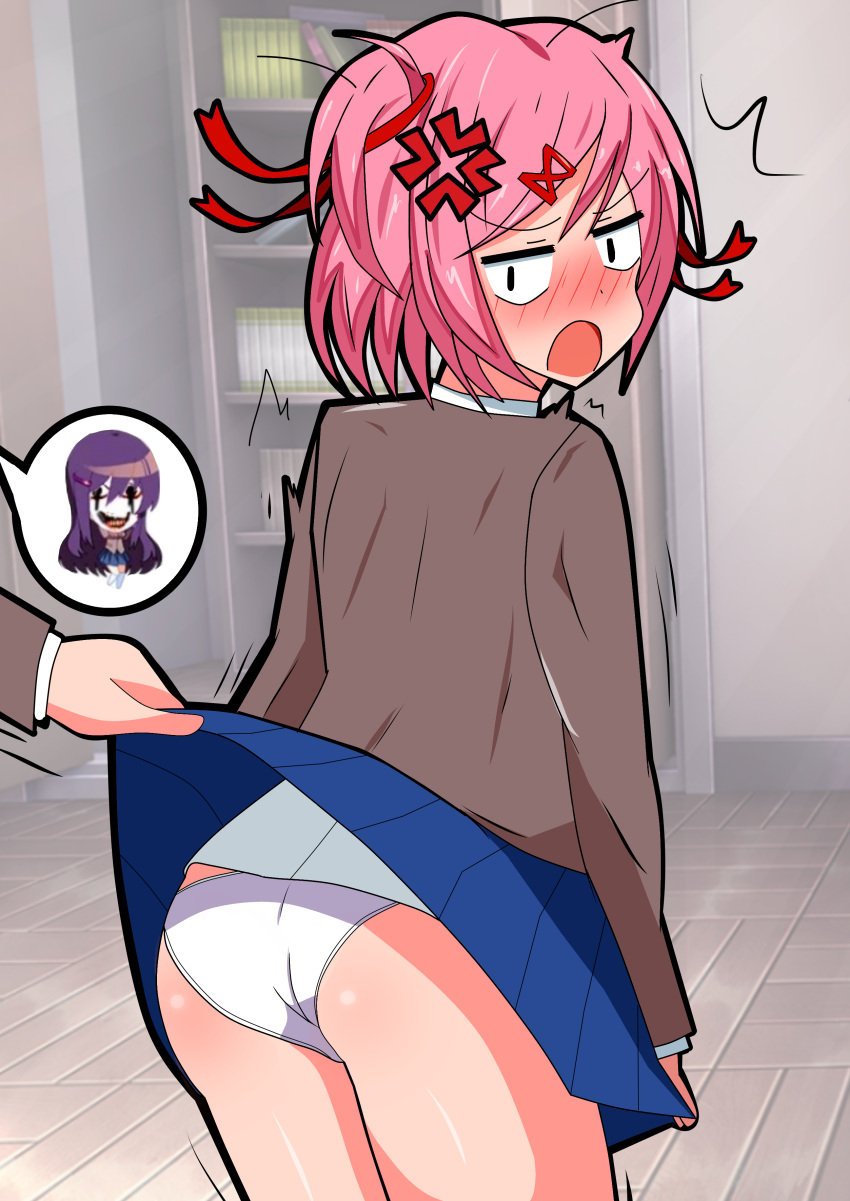 anger_vein blue_skirt butt doki_doki_literature_club female_focus lifted_by_another lifted_skirt motion_lines natsuki_(doki_doki_literature_club) panties pink_hair ponoka2121 skirt skirt_lift skirt_lifted_by_another solo_focus yuri_(doki_doki_literature_club) ぽのか_(pixiv_user_id_902546)