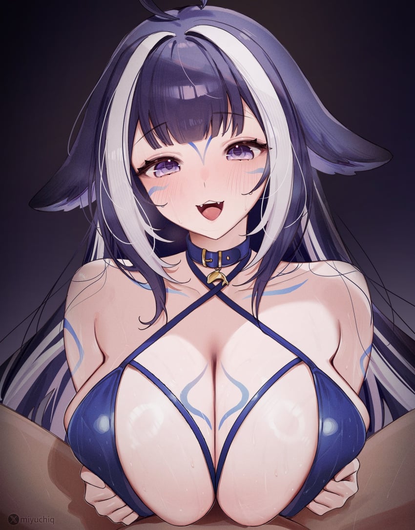 1boy :3 ahoge bell bikini blue_bikini blue_collar blue_hair blush body_markings chest_tattoo collar dark_background facial_mark fangs female hair_intakes halterneck highres implied_paizuri indie_virtual_youtuber long_hair looking_at_viewer miyuchiq multicolored_hair neck_bell open_mouth orca_girl shylily shylily_(bikini) simple_background smile streaked_hair swimsuit tattoo virtual_youtuber white_hair