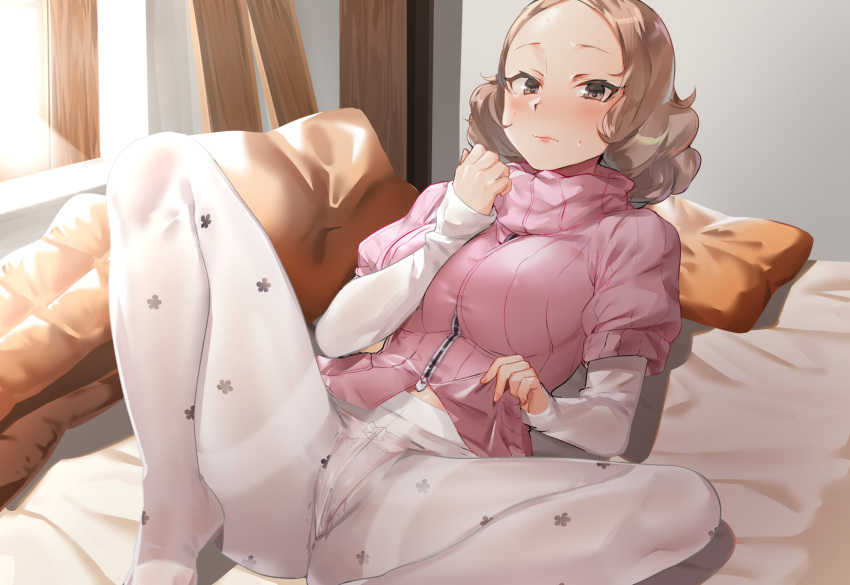 bed blush clothed haru_okumura naso4 no_shoes pantyhose persona persona_5 presenting pussy_juice