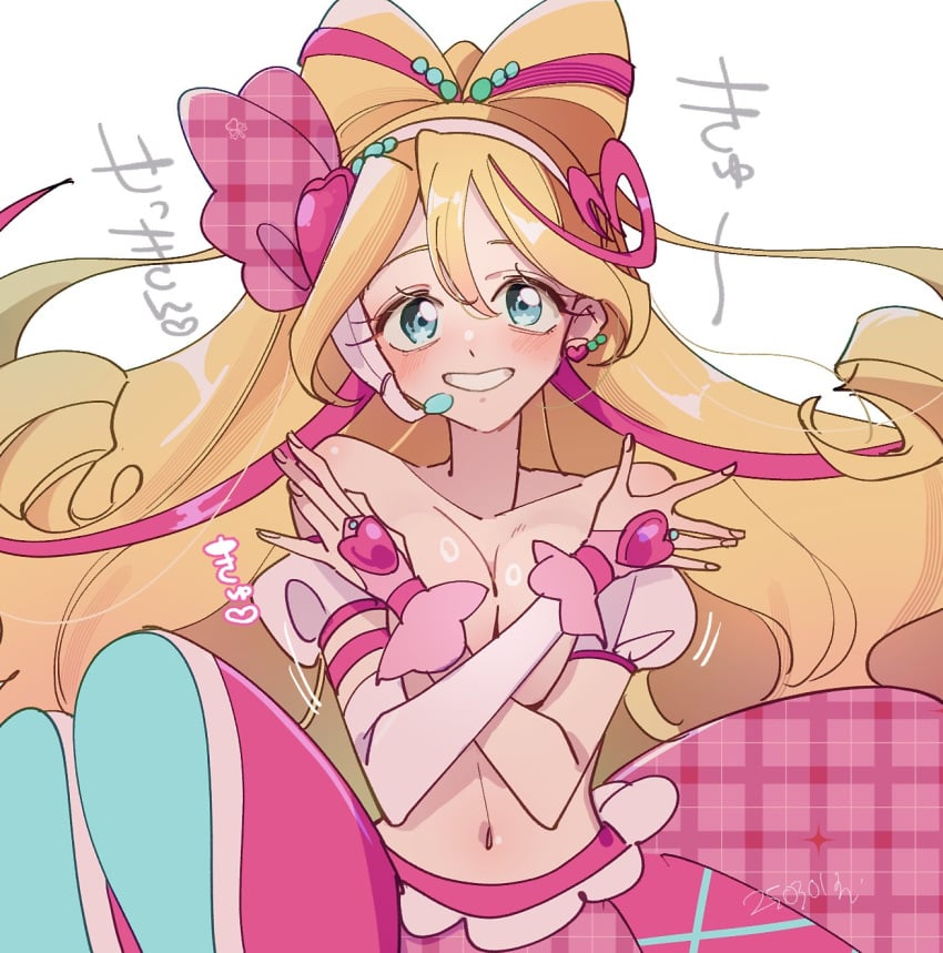 aged_up big_breasts cure_idol handokanskb hiding_breasts japanese_text kimi_to_idol_precure precure pretty_cure sakura_uta smile smiling smiling_at_viewer text topless