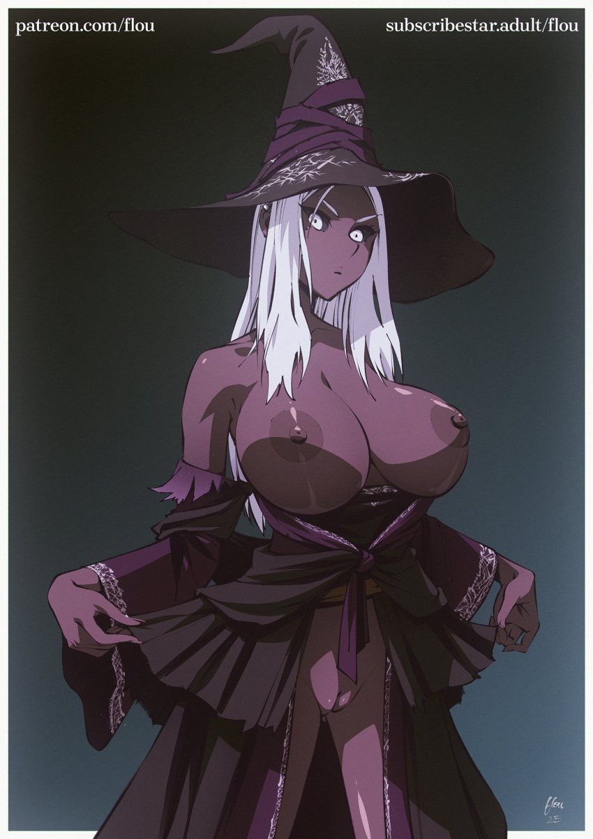 dark-skinned_female dark_skin elden_ring elden_ring_nightreign flou huge_breasts nipples original pussy pussy_out recluse_(elden_ring) recluse_(nightreign) stella_(flou) tagme tits_out white_hair witch witch_costume witch_hat