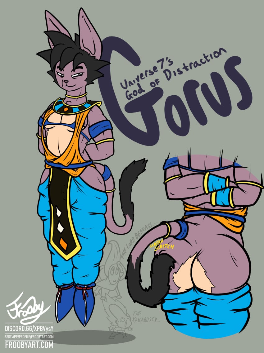 absurd_res angel_(dragon_ball) anthro ass athletic athletic_male backless_clothing beerus belt big_butt big_ears bikini bikini_top black_hair bottomwear bottomwear_down bracelet bulge choker clothed clothing collar detailed_bulge digital_media_(artwork) domestic_cat dragon_ball dragon_ball_fusions dragon_ball_super egyptian egyptian_clothing english_text felid feline felis femboy floating fluffy fluffy_tail footwear frooby fur fusion genital_outline goku gold_(metal) gold_bangle hair hairless hairless_cat hands_behind_back hi_res human jewelry levitation loincloth male mammal necklace oversized_bottomwear oversized_clothing penis_outline purple_body purple_fur saiyan scratching_butt scratching_self shoes signature simple_background smile solo spiky_hair swimwear tail text two-piece_swimsuit vegeta whis