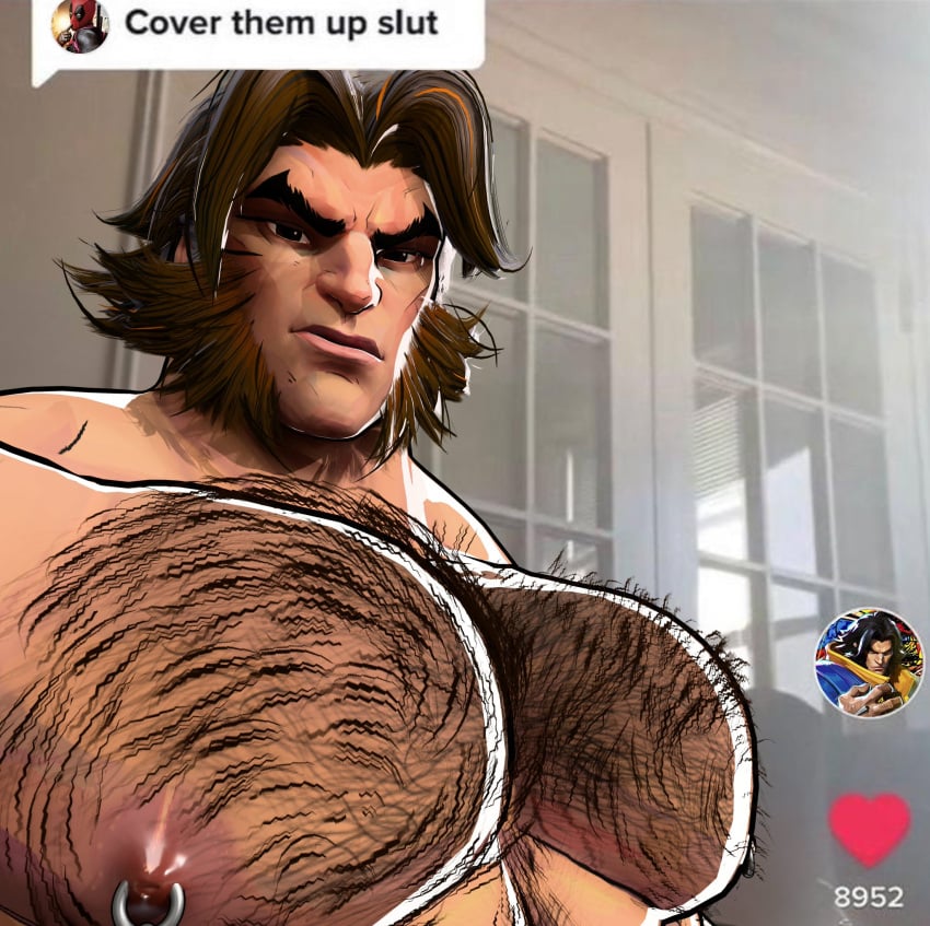 1boy big_pecs chest_hair cover_them_up_slut facial_hair hairy hairy_chest hairy_male hoogasu james_howlett logan_(x-men) looking_at_viewer male male_focus male_only marvel marvel_comics marvel_rivals meme muscular muscular_male nipples pecs pierced_nipples piercing solo solo_male tiktok tiktok_overlay wolverine_(marvel_rivals) wolverine_(x-men) x-men