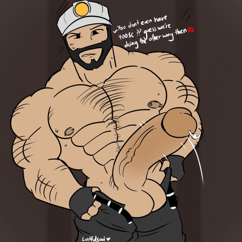 1boy artist_name bara beard big_penis cave dialogue english_text fingerless_gloves gay hairy_male lustfulsai miner_helmet pierced_nipples roblox solo tagme text veiny_penis