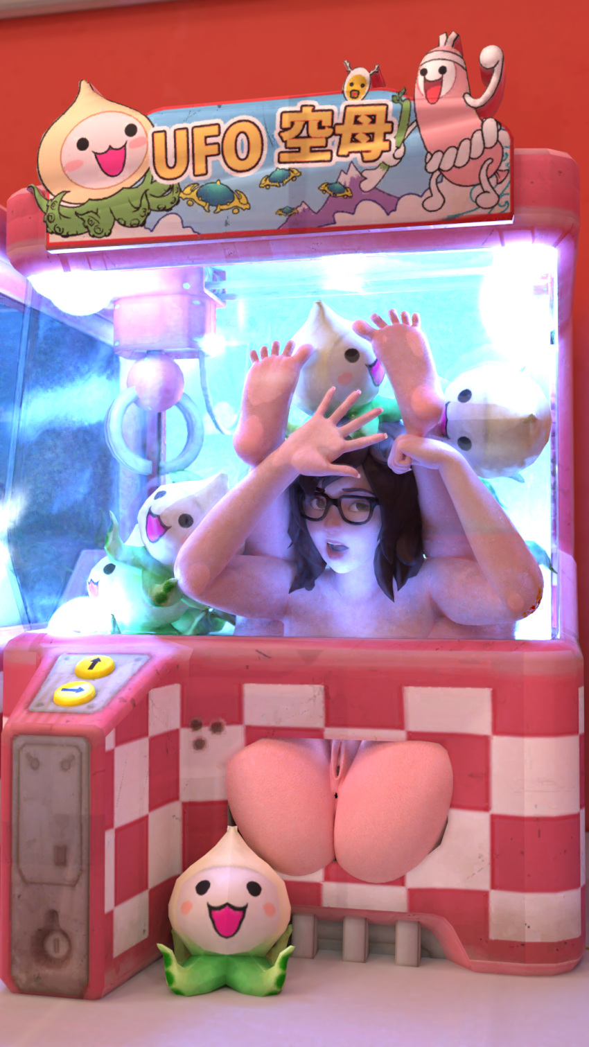 1girls 3d arcade_machine ass blender blizzard_entertainment bloggerman claw_machine eyewear female female_only femsub french_nails glasses large_ass mei_(overwatch) naked nude overwatch pussy stuck stuck_in_object trapped wide_hips