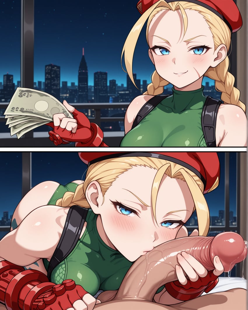 1boy 1girls 2koma ahoge ai_generated ass blonde_hair blue_eyes blush blush braid breasts cammy_white cash cityscape female fingerless_gloves gauntlets gloves half-closed_eyes hand_on_penis handjob harness holding_money indoors kissing_penis large_penis leotard long_hair looking_at_viewer male_pov money night notreallyhere penis penis_kiss pov precum prostitution scar smile smirk street_fighter twin_braids