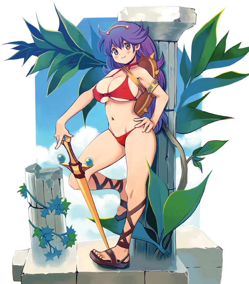 1girls athena_(series) athena_asamiya bikini breasts bursting_breasts cleavage column confident covered_nipples day erect_nipples_under_clothes feet female_focus hand_on_hip king_of_fighters large_breasts legs looking_at_viewer navel pillar pose posing princess_athena purple_hair red_bikini ryoji_(nomura_ryouji) sandals sensual shield smile snk solo swimsuit sword thighs voluptuous weapon